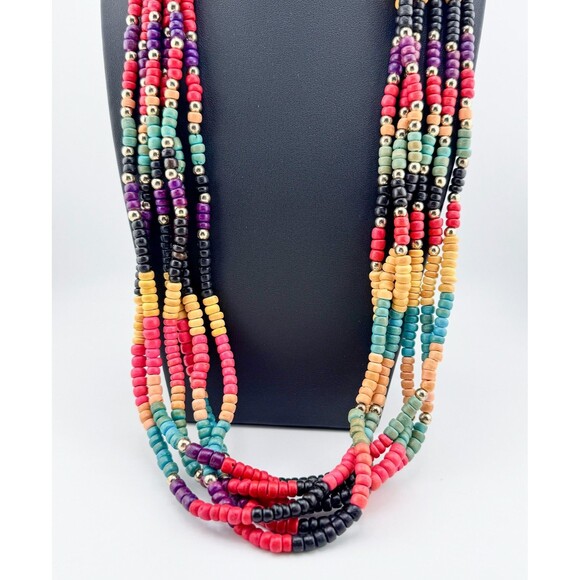 Vintage Multicolor Wood Bead Necklace – Layered Tribal Boho Statement Bright - Picture 7 of 8